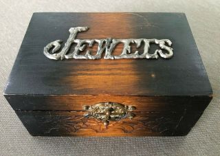 Estate Vintage Wood Jewels Case Jewelry Box Brass Latch Floral Motif Patina