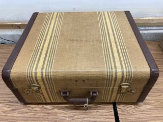 Vintage Tweed Striped Suitcase W/brown Leather Trim - Large 21”x18”x9” - Keys