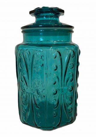 Vintage Federal Glass “show Off” Scrolls 9” Teal Apothecary Cookie Jar Canister