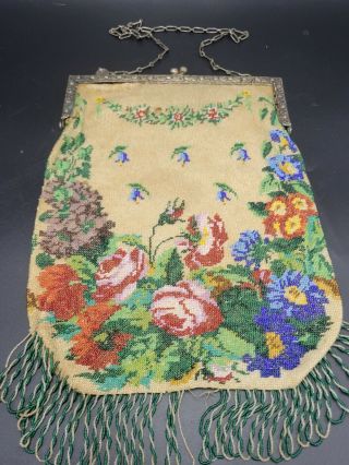 Antique Victorian Micro Glass Beaded Floral Rose Purse Handbag 1800 
