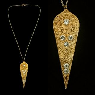 Vintage Art Deco Cartouche Drop Paste Rhinestone Pendant Necklace