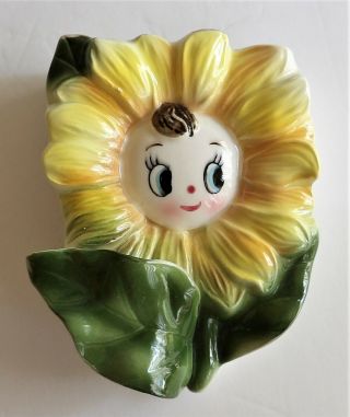 Vintage Kitsch Anthropomorphic Yellow Sun Flower Face Wall Pocket Japan -