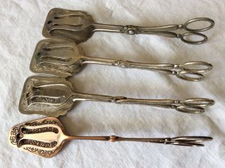 4 Pairs Of Vintage Pastry/cake Tongs 3 Silver Plated 1 Unknown Metal.