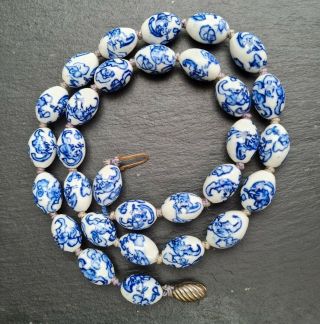 Early Vintage Oriental Chinese Export Blue And White Porcelain Bead Necklace.  25 "