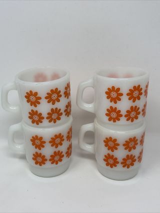 Vintage Set Of 4 Anchor Hocking Fire King Milk Glass Orange Daisy Flower Mugs 2