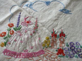 Vintage Hand Embroidered Tablecloth - Pretty Crinoline Ladies/floral - Unfinished