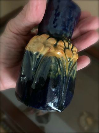 Vtg Hand Crafted Ceramic Art Nouveau Cobalt Blue Yellow Iris Art Pottery Vase