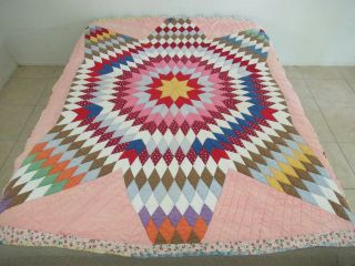 Striking Looks: Vintage Cotton Hand Pieced & Quilted Lone Star Quilt; 78 " X 61 "