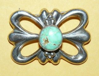 Vtg Old Pawn Native Navajo " Fl Begay " Sandcast Sterling Silver W/ Turquoise Pin