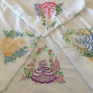 Vintage Hand Embroidered Crinoline Ladies Tablecloth Floral Linen 46in X 45in