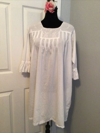 Vtg April Cornell Trading White 100 Cotton Nightgown Embroidery Bell Sleeves M