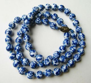 Vtg Chinese Blue & White Porcelain Hand Knotted Bead Sterling Silver Necklace