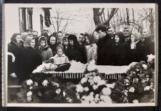 Funeral Of Man Post Mortem Women Childs Near Coffin Death Ussr Old Vintage Photo