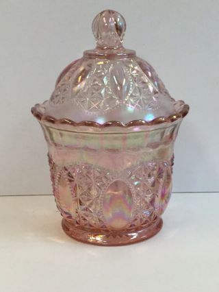 Vtg Imperial Glass 975 Beaded Jewel Iridescent Pink Lidded Glass Candy Dish/jar
