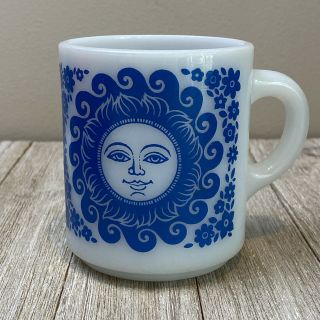 Vtg Hazel Atlas Hazelware Milk Glass Blue Celestial Sun Mug Coffee Cup Rare