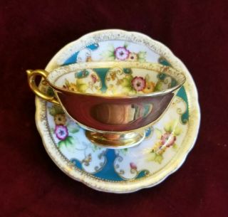 Vintage Saji Teacup & Saucer,  Heavy Gold,  Green,  Hand Painted Flowers,  Japan