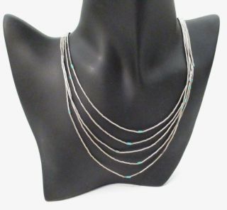 Vintage Navajo 5 - Strand Liquid Sterling Silver Turquoise Beads Necklace - 20 "