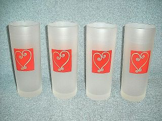 4 Vintage Libbey 7 " Tall Frosted Tom Collins Tumbler Drinking Glasses Red Heart