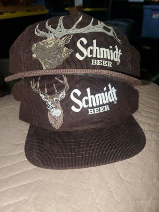 2 Vintage Schmidt Beer Brown Corduroy Deer Hunting Hat Snap Back