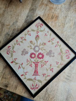 Vtg Antique French Linen Needlepoint Tapestry Embroidery Flowers Framed