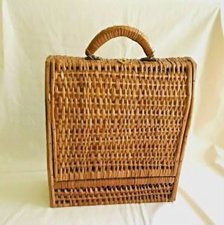 Vintage Rattan/wicker (3) Bottle Wine Holder Carrier Suitcase Picnic Basket