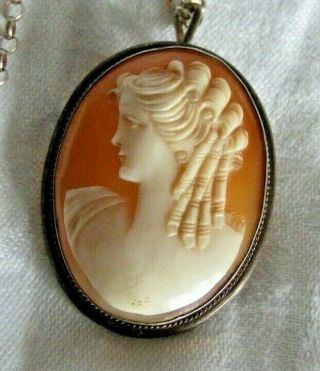 Antique Vintage 800 Silver Shell Cameo Brooch Pin Pendant Well Carved Chain 20 "