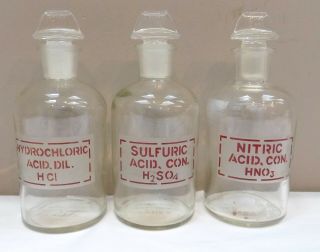 3 Vintage Pyrex Lab Glass Reagent Bottles With Stoppers - Hcl,  Hno3,  H2so4