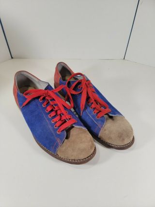 Vintage Men Leather Bob Wolf Rental Bowling Shoes 12 Red Blue Tan Toes