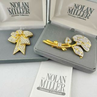 Vintage Signed Nolan Miller Crystal Gold Plated Flower & Bow - Tie Brooch - Retired