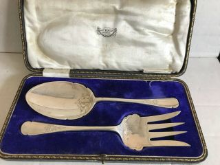 Antique Silver Plate “serving Fork And Spoon” Hatton Garden London 1893 Cased
