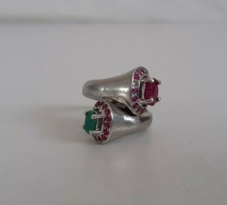 Unusual Vintage Sterling Silver Ring With Red & Green Stones