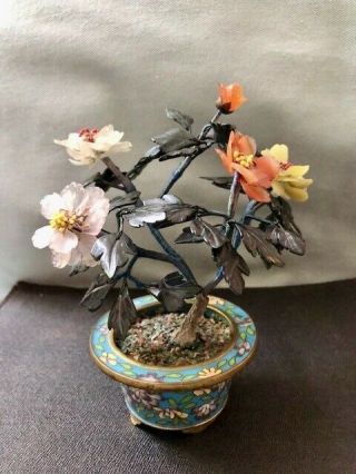 Vintage Chinese Jade Hard Stone Agate Flowering Bonsai Tree In Cloisonné Pot