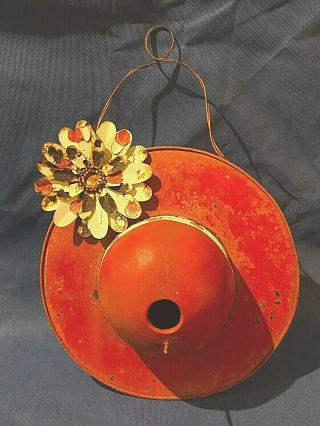 Vintage Metal Red Sun Hat Hanging Birdhouse