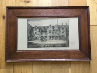 Old Vintage Antique Oak Framed Etching Of An Old House Hall Stately Home