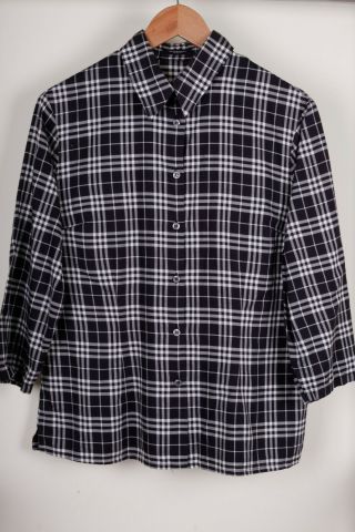 Vintage Burberry Women`s Black White Check Long Sleeve Cotton Shirt Size Uk 16
