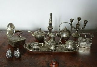 Vintage Silver Plated Miniature Tea Set Gramophone Telephone Ducks Teapot Candle