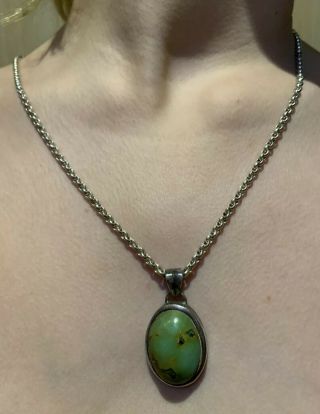 Vintage Solid Sterling Silver,  Natural Turquoise Pendant,  Thick Sterling Chain