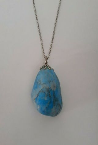 Vintage Sterling Silver Necklace With Large Turquoise Nugget Pendant