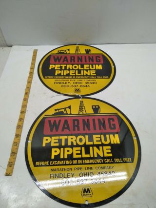 2pc Warning Petroleum Pipeline 12 " Round Metal Sign Marathon Findlay Ohio Vintage