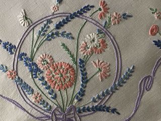 Exquisite Vintage Linen Large Hand Embroidered Tablecloth Lavender & Daisies