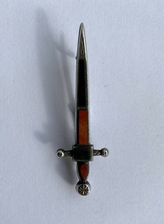Vintage Scottish Sterling Silver Agate Dagger Brooch