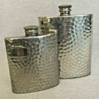 Pair Vintage Hand Crafted Hammered Planished Pewter Hip Flasks 3oz & 6oz