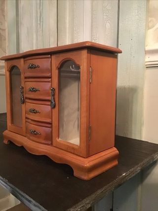 Vintage Wooden Jewelry Box Case With Glass Doors And 4 Drawers 3