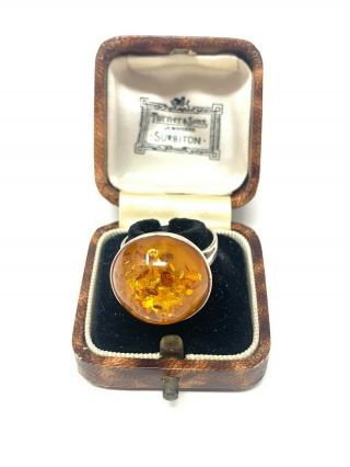 Lovely Vintage Sterling Silver 925 Large Amber Gemstone Ring Size P 644