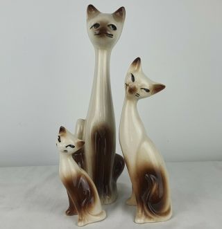 Vintage Mid Century Long Neck Siamese Ceramic Cats Kitsch 1960s/70s Set Of Three