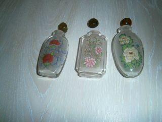 3 Vintage Chinese Reverse Painted Glass Snuff Bottles.  Floral & Butterfly Design