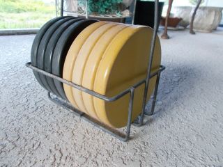 Vintage 8 Arco Yellow And Black Set Of Shuffleboard Discs With Metal Carrier