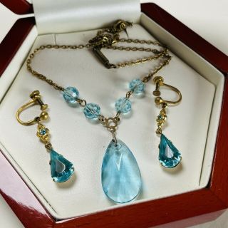 Vintage Jewellery Art Deco Blue Crystal Drop Gold Plated Necklace/earrings