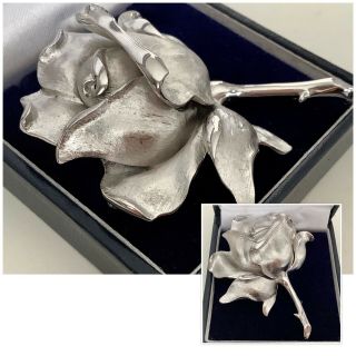 Vintage Jewellery Signed Trifari Silver Large Single Rose Brooch Dress Pin