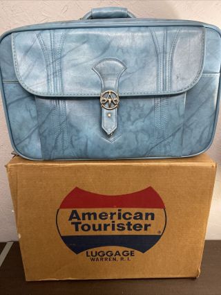 Vtg Blue American Tourister Carry - On Luggage Suitcase Faux Leather 21.  75x14x7 "